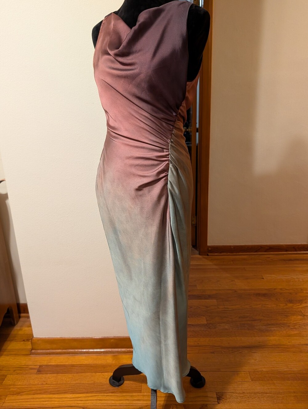 Zara Satin Effect Purple Sea Green Ombre Cowl Neck Midi Dress - Picture 7 of 11